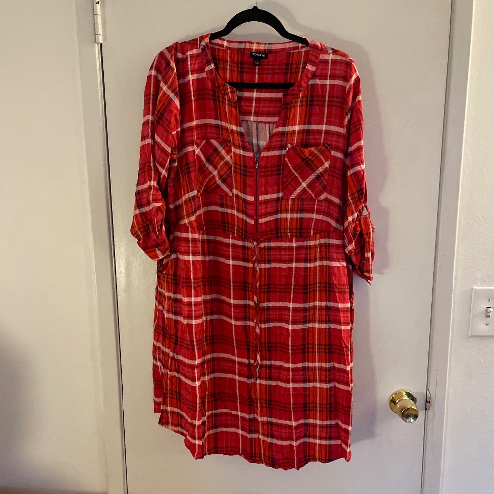 Torrid Pink/Red Plaid Zip-Front Challis Shirt Dress size 1